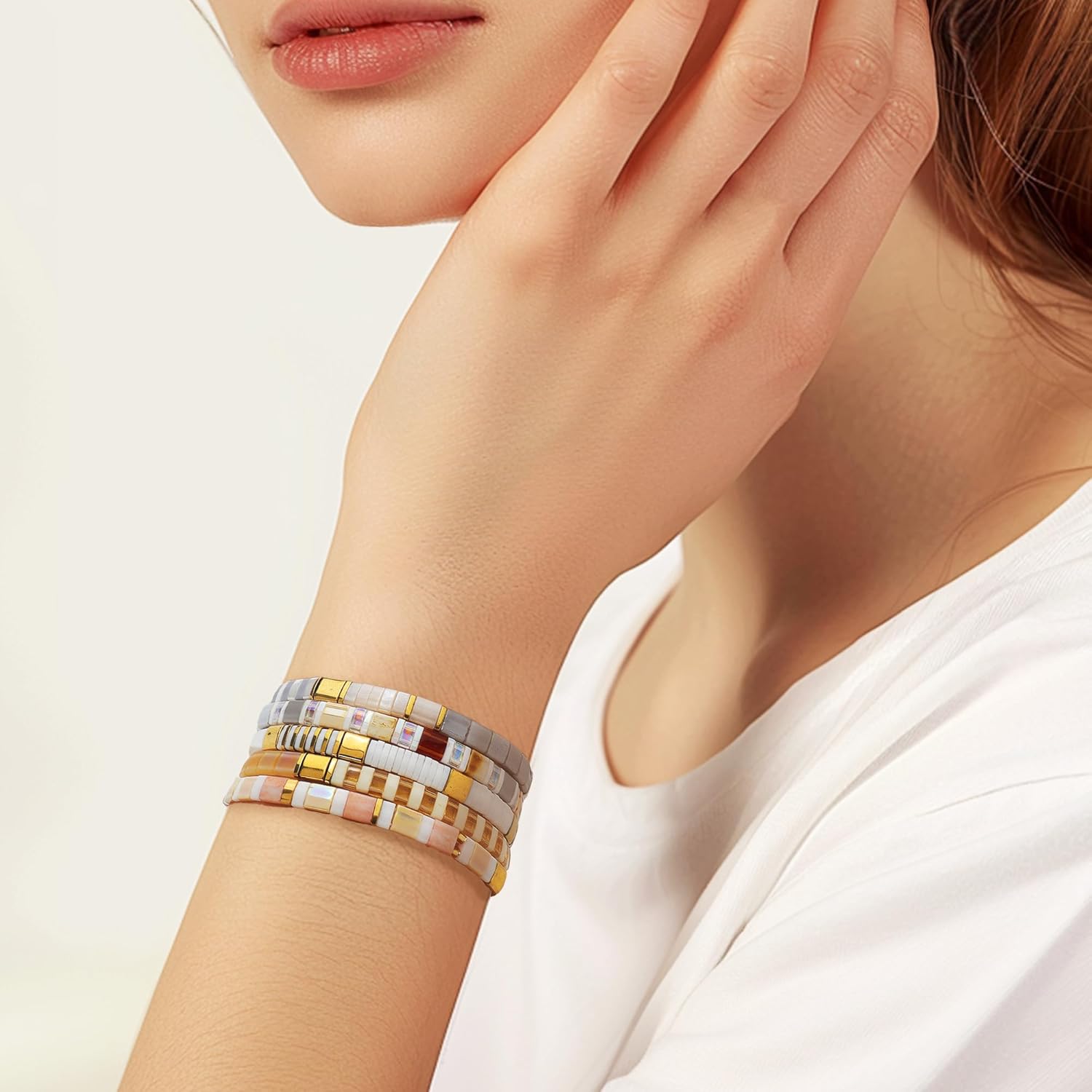 Tila Flat Beaded Stretch Bracelets for Women, Trendy Unique Handmade Stackable Pink Square Beads Miyuk Link Bracelet Summer Jewelry Gift - Image 2