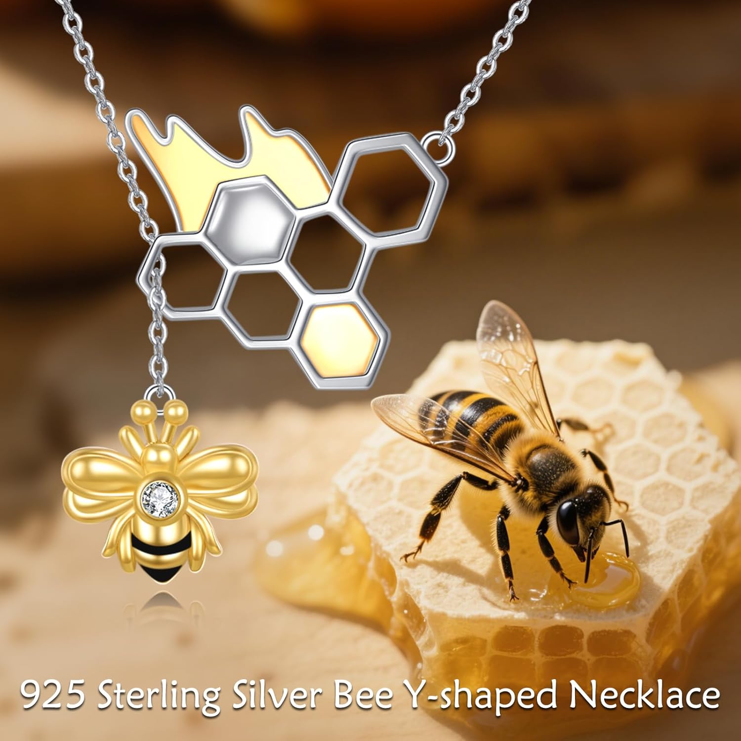 Bee Necklace 925 Sterling Silver Bee Y Necklace Honeycomb Bumble Pendant Jewelry for Women - Image 6