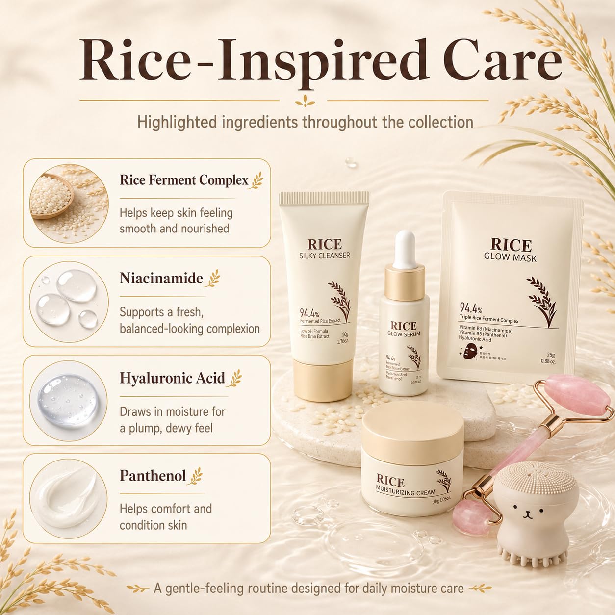 13PCS Rice Korean Skin Care Set, Korean Skincare Set, Korean Skin Care Kit - Rice Cleanser, Toner, Serum, Cream, Mask, Gua Sha & Headband, Gentle Skincare for Girls 10-12