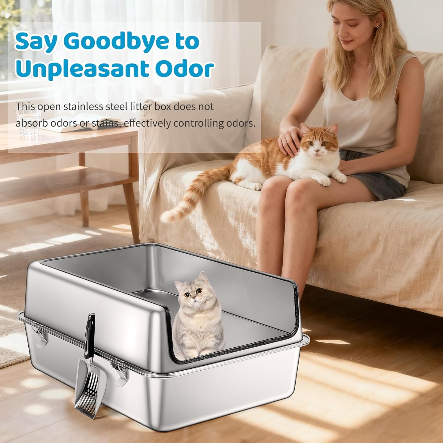 XXXL Stainless Steel Cat Litter Box, 28" L x 19.7" W x 12" H Extra Large Semi Enclosed Removable Metal Litter Tray with High Sided Enclosure, Scoop, Anti-Leakage, Non-Sticky, Easy Cleaning