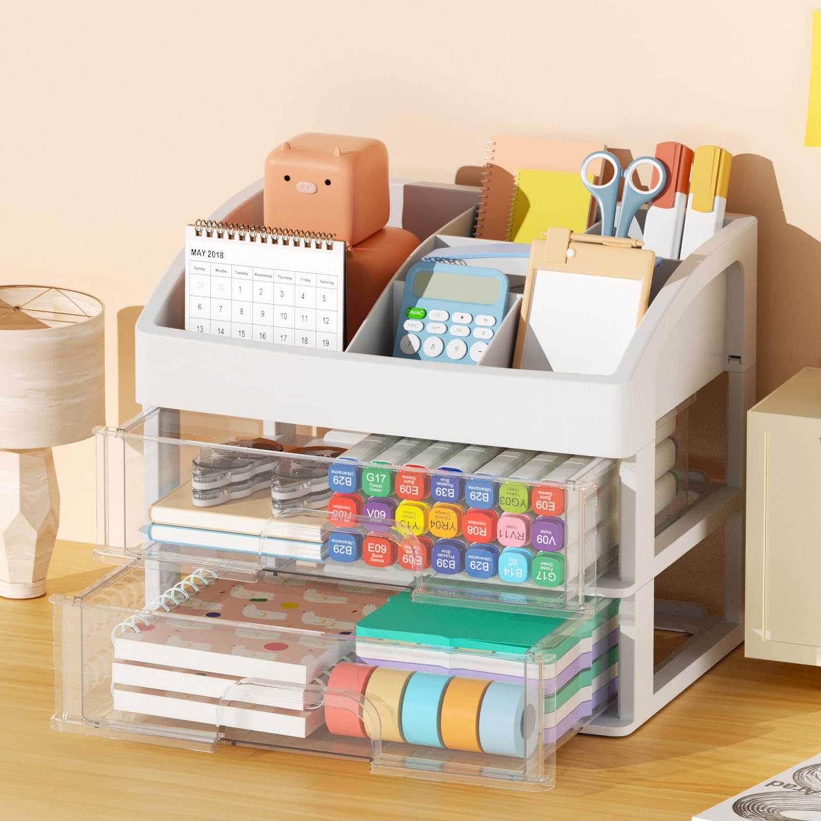 Marbrasse Desk Organizer with Drawers, 2 Drawer Desk Storage, Clear Desktop Storage Drawers Office Organizers and Storage, Desk Organizer with Sliding Drawer for Home, Cosmetics, Office Supplies