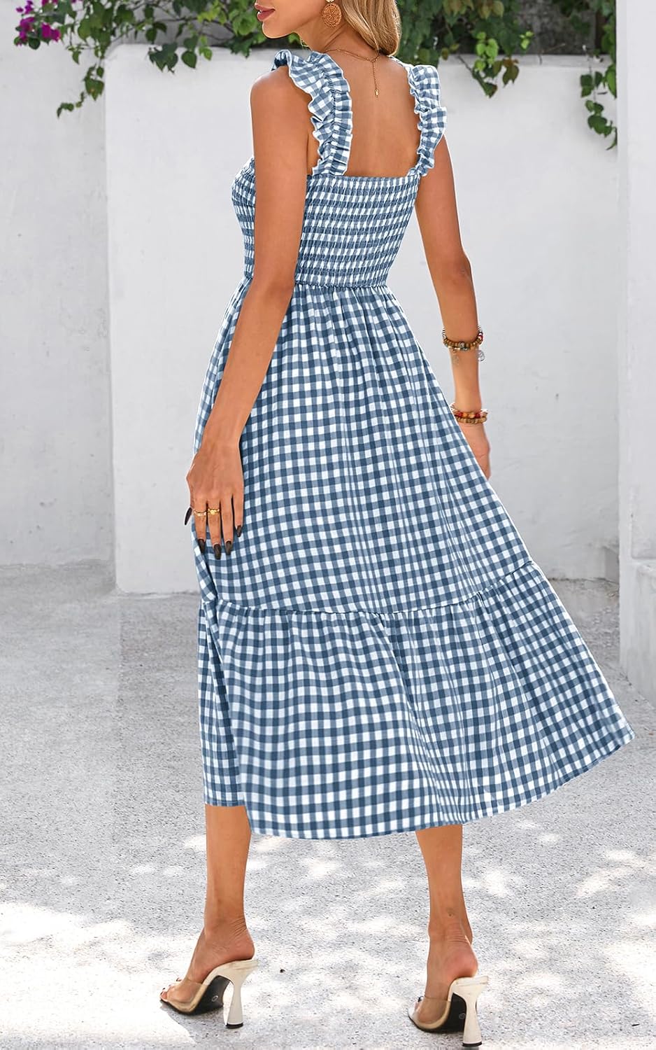 PRETTYGARDEN Womens Summer Dress Casual Square Neck Ruffle Strap Gingham Smocked Midi Flowy A Line Beach Vacation Sun Dresses - Image 4