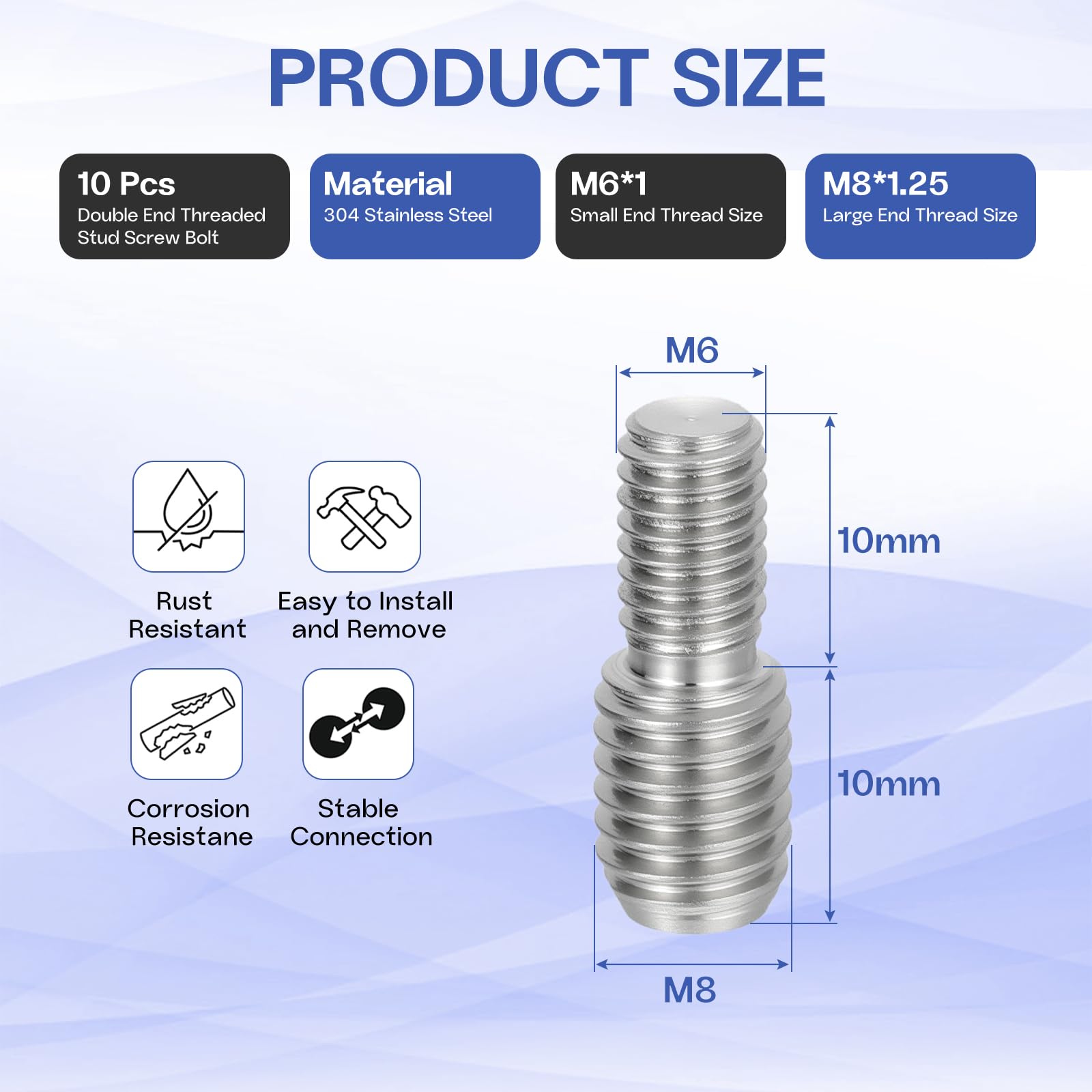 HiPicco M6x10mm to M8x10mm Double End Threaded Stud Screw Reducing Bolt,304 Stainless Steel Thread Reducer Adapter for Furniture Fastener Welding Hardware Connectors 10 Pack - Image 2