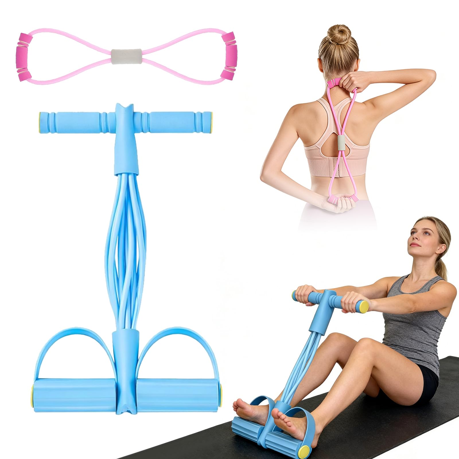 8 Tube Pedal Resistance Device, Abdominal Trainer, Bodybuilding Expander & Figure 8 Band, Adjustable for Fitness, Weight Loss, Training, Yoga Enthusiasts (Blue)