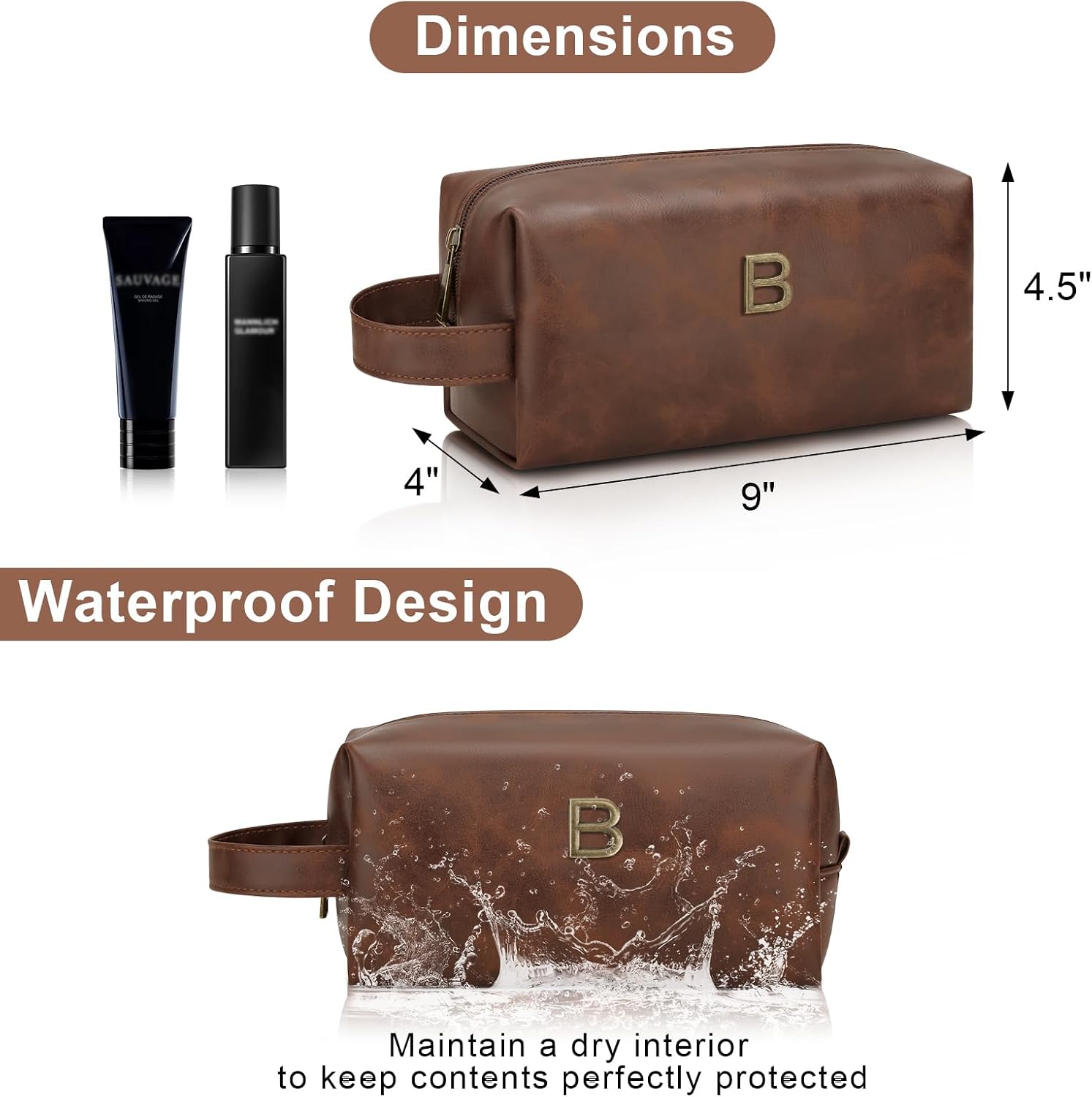 Men’s Personalized Gift Initial Travel Toiletry Bag for Him PU Leather Waterproof Shaving Bag for Travel Essentials Birthday Gift for Dad Husband Boyfriend (B)