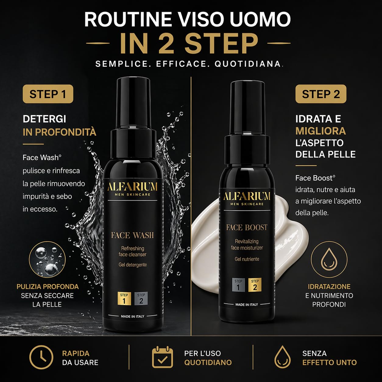 Alfarium Kit Skincare Uomo | Detergente Viso + Crema Idratante Uomo per Pelle Grassa e Mista | Con Acido Ialuronico e Vitamine A B5 C E | Routine Completa Made in Italy