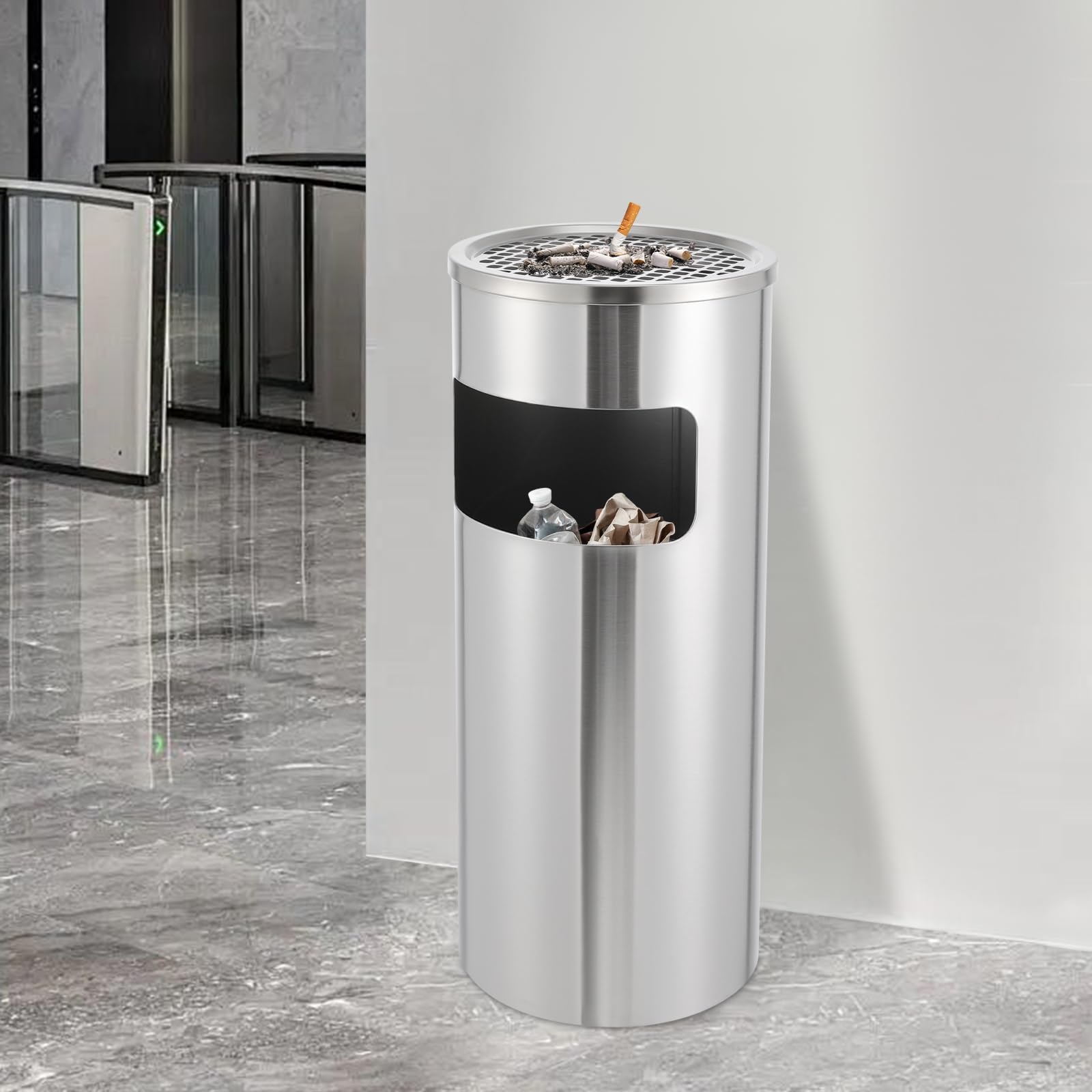 30L Mülleimer Mit Aschenbecher Aus Edelstahl – Standaschenbecher Mit Inneneimer, Für Hotel, Büro, Garten & Terrasse (silber)