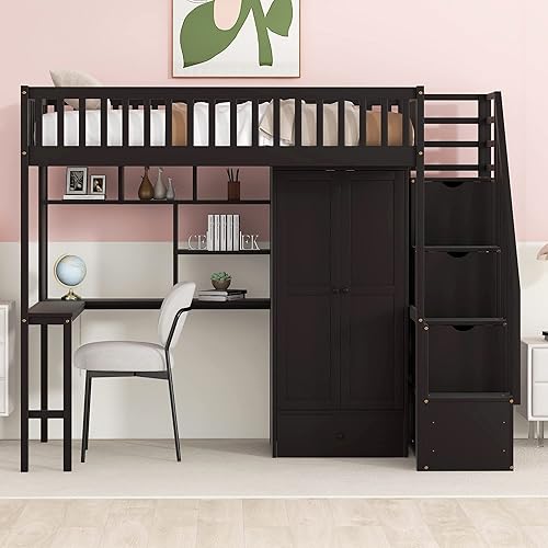 Miniatura 271 de Quarte Cama alta multifuncional, cama alta tamaño matrimonial con escritorio integrado y estantes de almacenamiento, dos cajones y escalera de