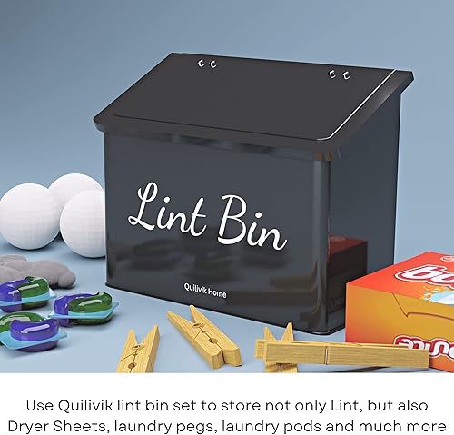 Miniatura 4 de QUILIVIK Papelera magnética de metal para decoración de cuarto de lavandería y ganchos, caja de pelusa de montaje en pared con tapa, contenedor de