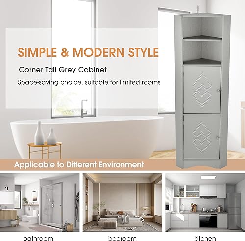 Miniatura 8 de Knocbel Armario de almacenamiento de piso de esquina de baño de 61 pulgadas de alto con 2 puertas y estantes ajustables, unidad organizadora