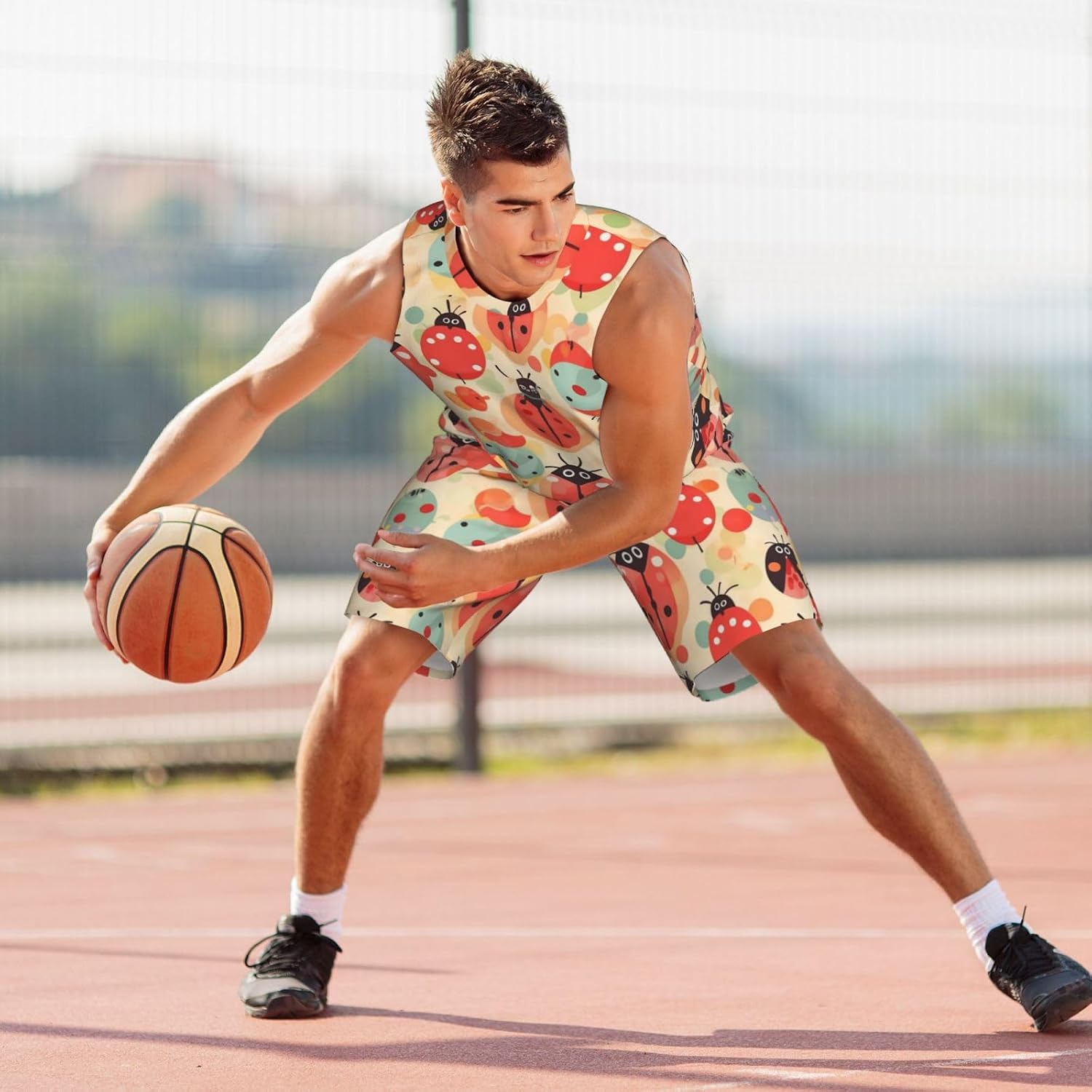 Ladybugs Cartoon Pattern Basketball Jersey for Men 2 Piece Basketball Uniform