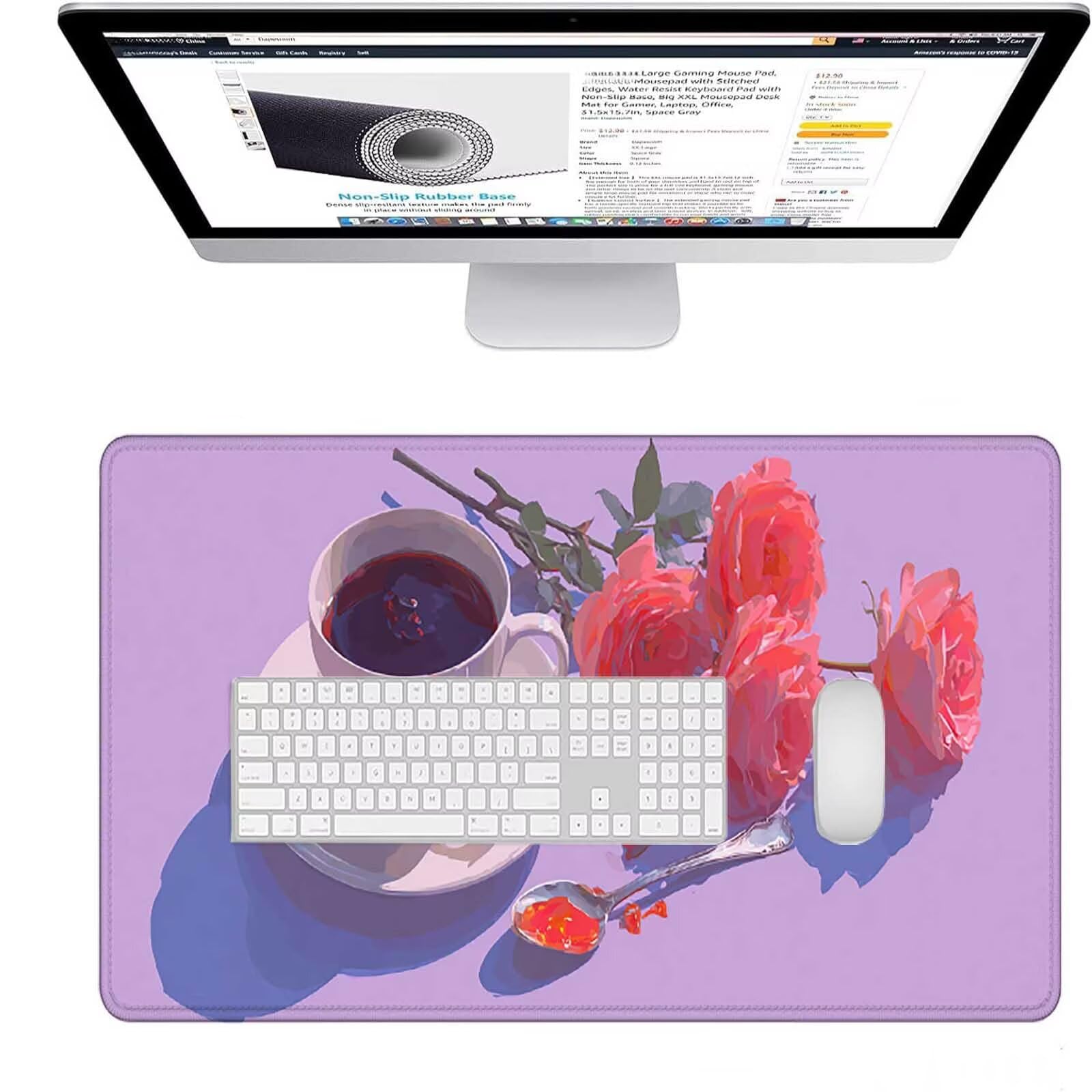 Różowa podkładka pod mysz 1500 x 800 x 3 mm duża podkładka pod mysz XXL kwiat pod ręką gracz na biurko, szyte krawędzie, antypoślizgowa gumowa podkładka pod mysz do komputera, komputera, dekoracji
