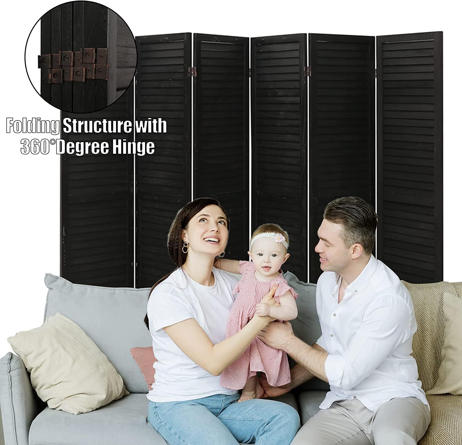 ECOMEX 6 Panel Room Divider Fully Assembled 5.6Ft Wood Room Dividers and Folding Privacy Screens Partition Wall Dividers Room Separator for Home Bedroom Office Restaurant, Black