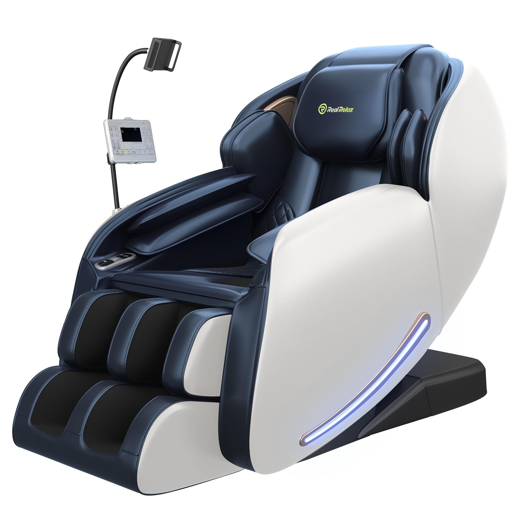 Real Relax 2026 Massagesessel Ganzkörper, Zero Gravity SL-Track Shiatsu-Massage-Liegesessel mit Telefon-Controller und Halterung, Kindersicherung, Pause-Taste und LED-Beleuchtung, Favor-06, Blau-Weiß