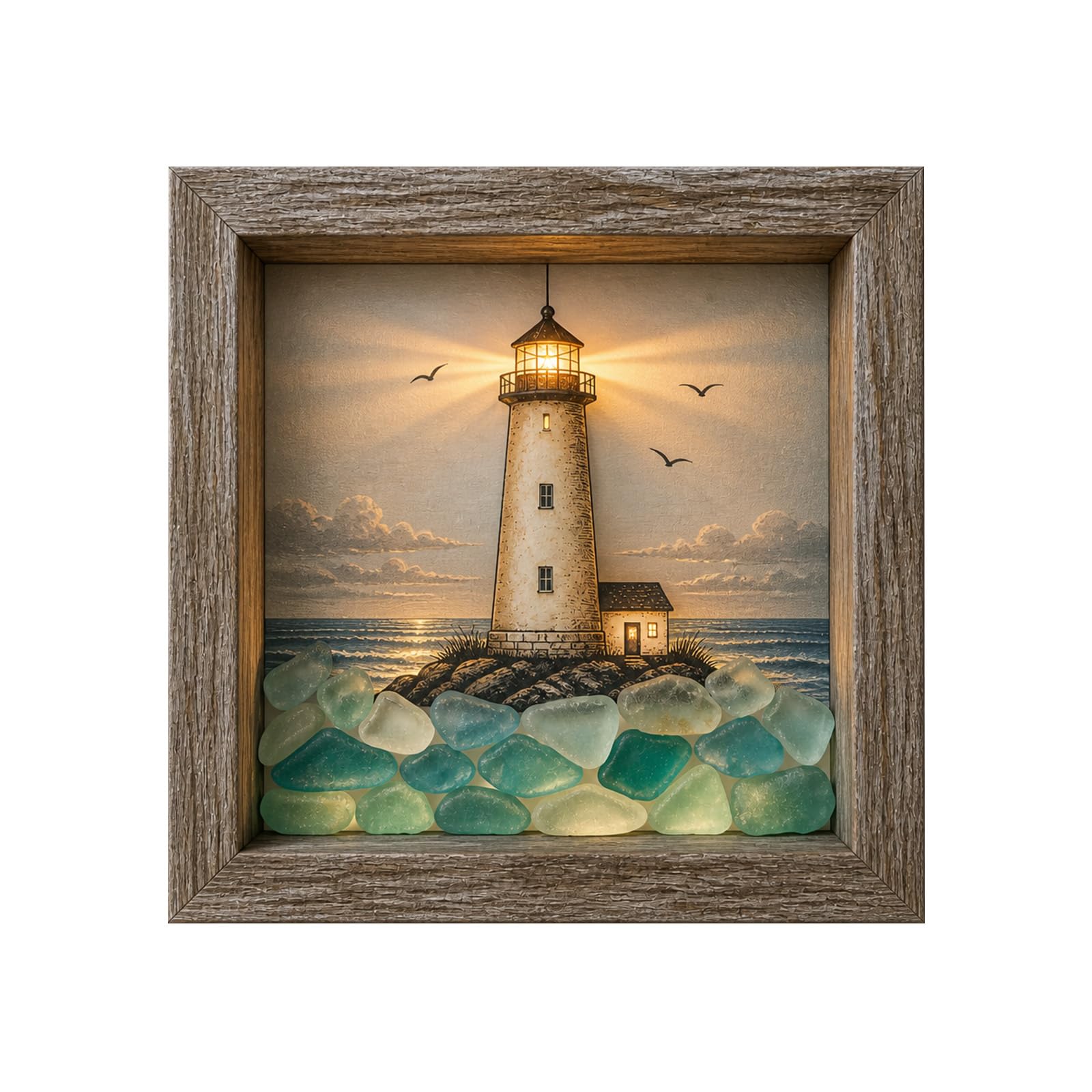 Coastal Lighthouse Sea Glass Shadow Box Night Light (B)