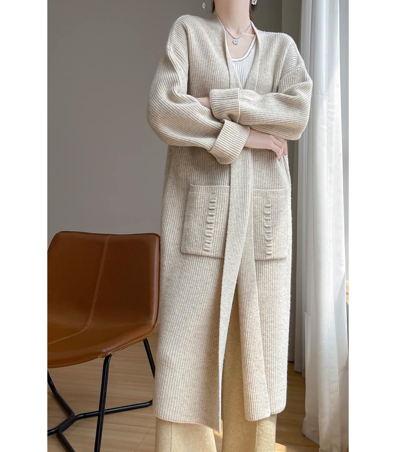 100% lana merino lavorato a maglia cardigan maglione da donna spesso cappotto lungo con tasche giacca invernale
