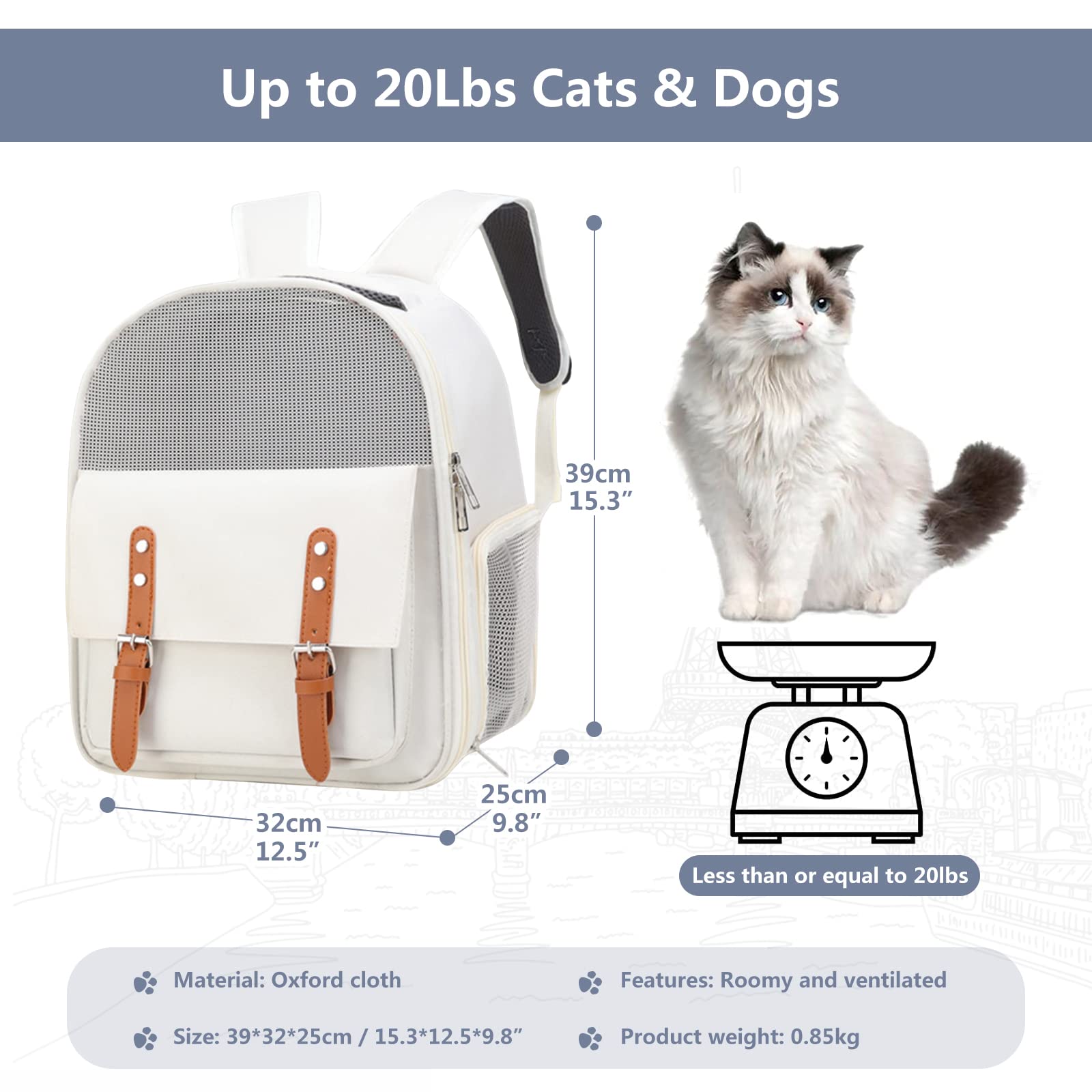 PETCUTE Zaino per Cani Gatti,Trasportino Zaino Porta Cane con Design Ventilato,Tappetino Rimovibile,Borsa Trasporto Morbido per Animali,Zaino Per Animali Domestici con Cintura di Sicurezza Interna