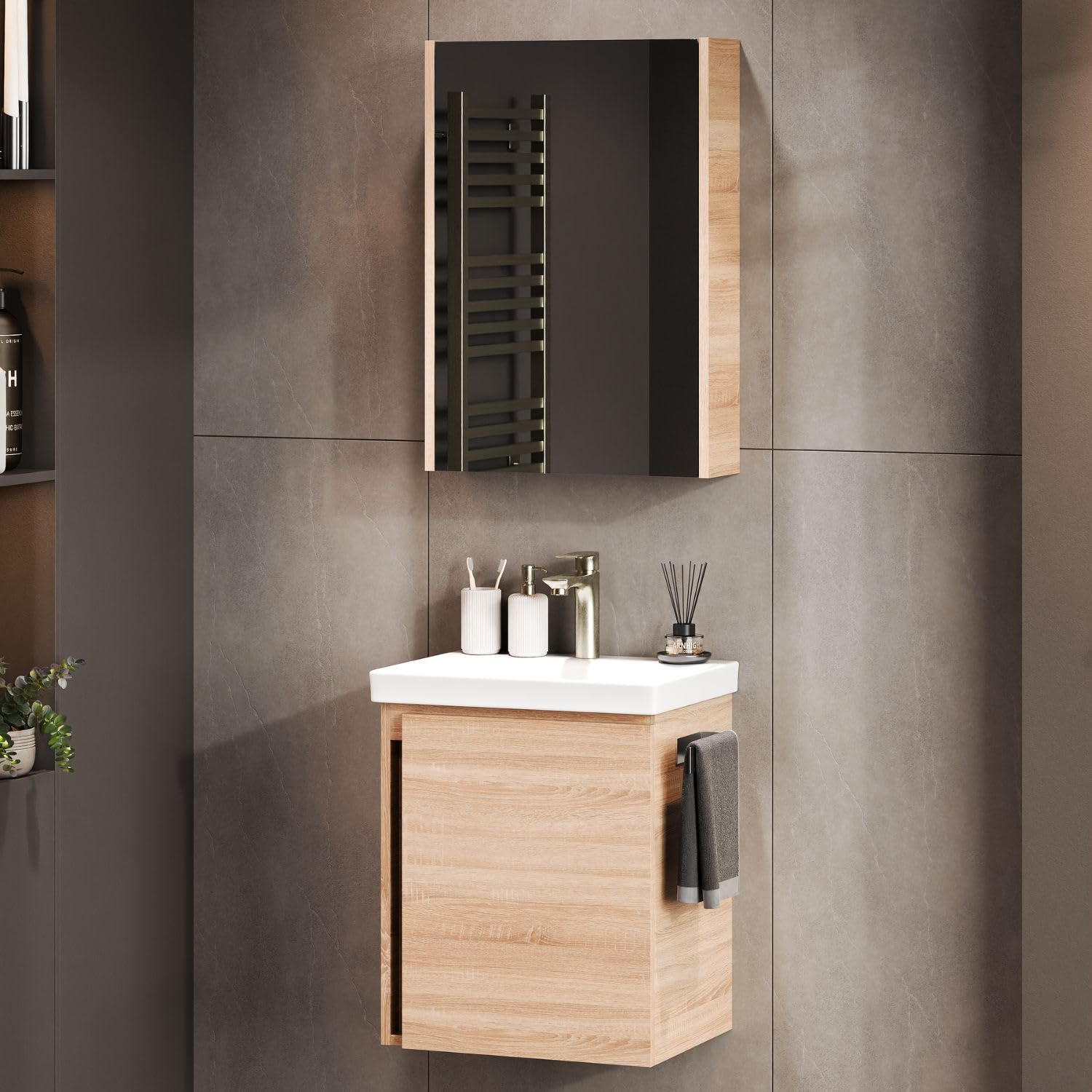 Planetmöbel Lavabo con mobile sottolavabo 50 cm incl. armadio a specchio 50 cm, set di mobili da bagno con lavabo, sospeso, rovere sonoma