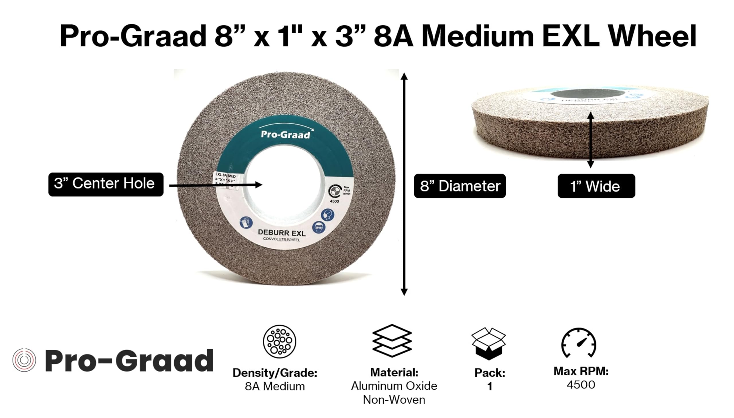 EXL Rueda de desbarbado – 8 x 1 x 3 pulgadas, grano medio 8A, óxido de aluminio, rueda de desbarbado, acabado y pulido de metal, convoluta (1 unidad)