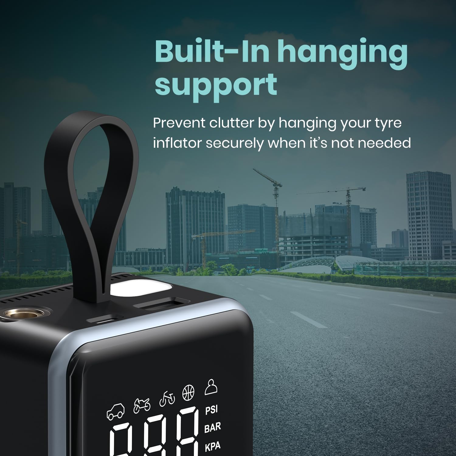 Portronics Vayu 8.0, Digital Rechargeable Tyre Inflator with In-Built Hanging Support, 2×2000mAh Batteries, Auto Shut Off, LED Light, SOS, Pressure Detection, Type-C Charging, for Car/Bike/Ball(Black) - Image 2 thumbnail