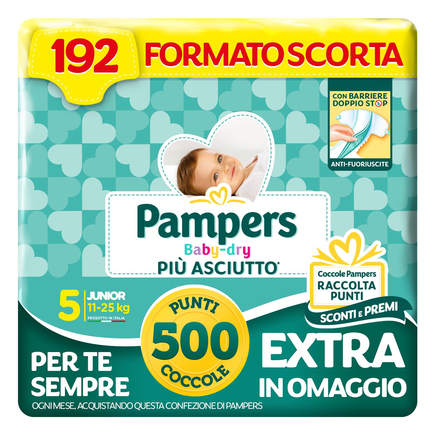 Pampers Baby Dry Junior, Taglia 5 (11-25 kg), Formato Scorta, Barriere Anti-Fuoriuscite, Più Asciutto Fino a 12h, Linguette Rinforzate e Avvolgenti, 192 Pannolini Bambino + 500 Punti Omaggio
