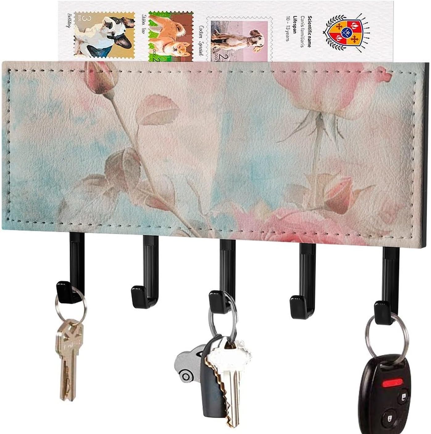 Shabby Chic Key Holder with 5 Hooks Mail Organizer for Wall Black-style