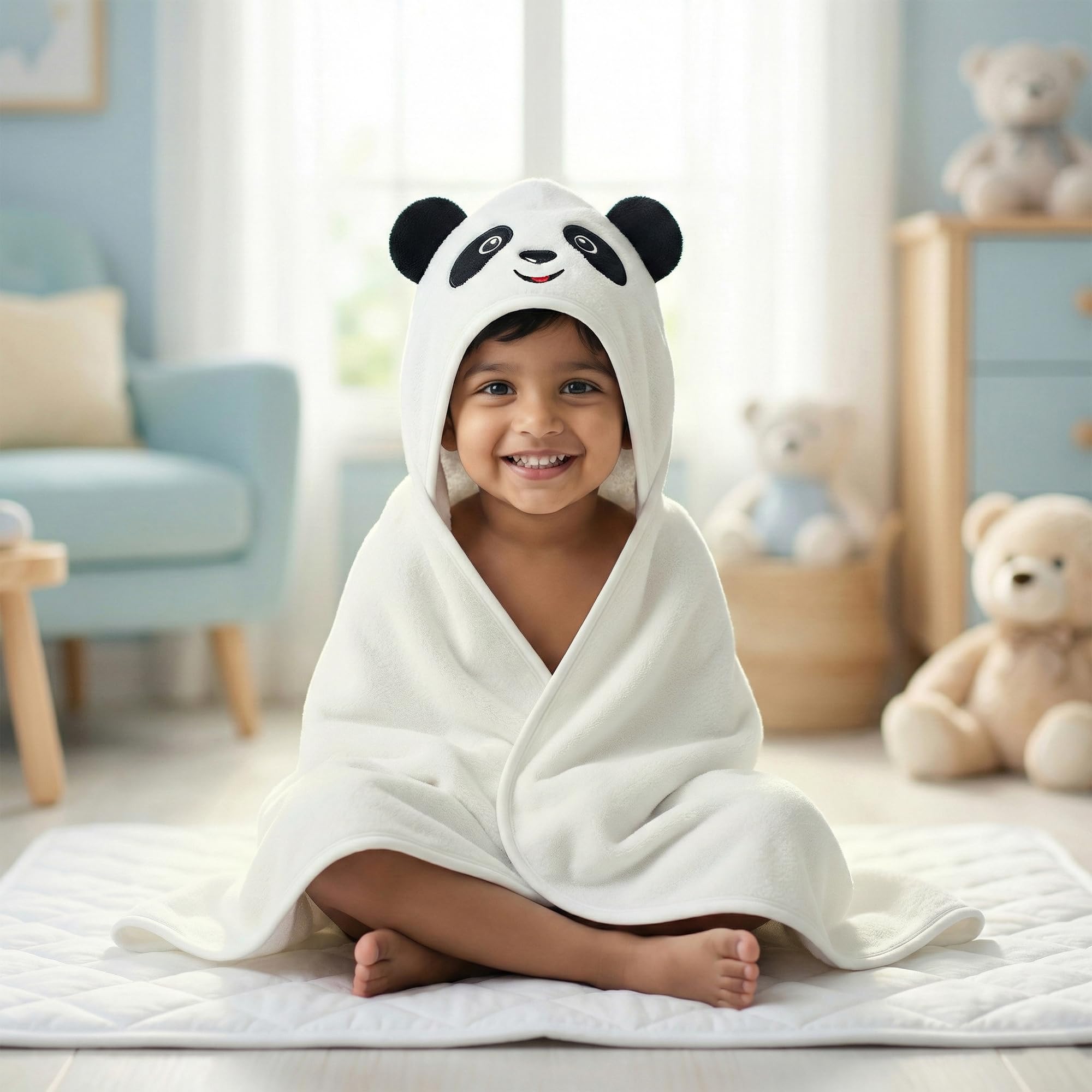 Story@Home Towel for Kids with Hood | 300 GSM (80 X 80CM) Quick Dry Kids Towel | Soft Lightweight Baby Wrap for Beach |Pool Towel for Boys & Girls |Kids Microfiber Towels for Bath - White - Panda-image-49