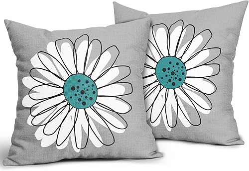 Miniatura 2 de Sweetshow Juego de 2 fundas de almohada de margaritas de color verde azulado y blanco de 18 x 18 pulgadas, para primavera y verano, color gris y