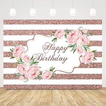 Sensfun Happy Birthday Photography Backdrop Glitter Rose Gold Stripes Watercolor Floral Photo Background Sweet 16 Birthday Party Decorations Banner for Any Age Women 7x5ft Fabric Cloth