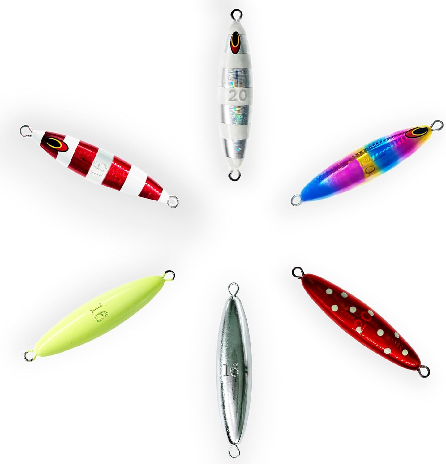 Eddie Bomb Jigs 16oz & 20oz– 6 Pcs Red Zebra, Glow, Black Polka, Rainbow, Silver Zebra. Unrigged Heavy Jigs for Tuna Fishing Gear, Bluefin Tuna Saltwater Offshore Tackle, Combo B