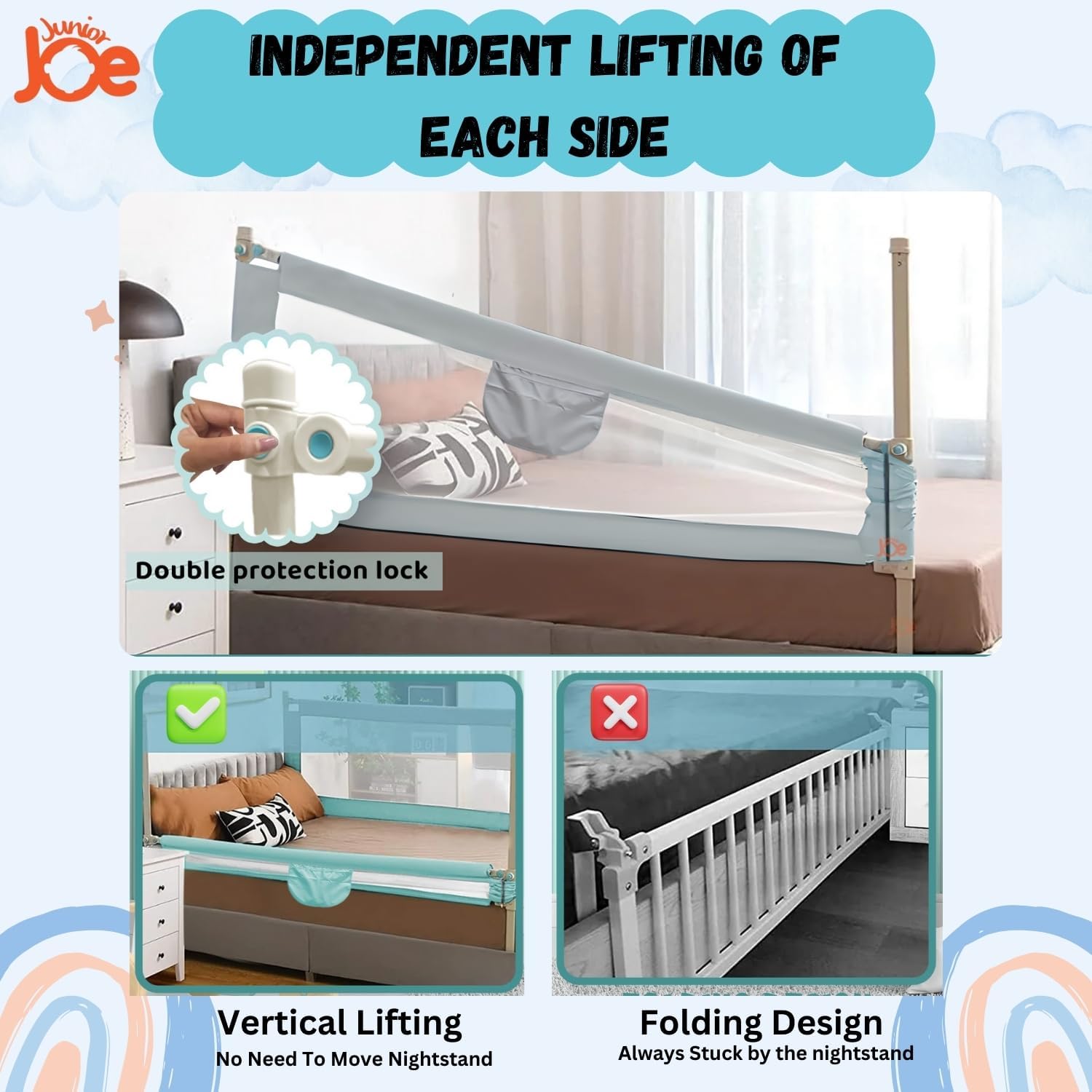 JUNIOR JOE Baby Bed Guard Rail for Kids, Toddler and Protect Children's Sleep Safety, Folding Travel Portable Bed Rail (175 x 65 x 29 cm) (Grey-1, 5 FEET (Pack of 1)) 2