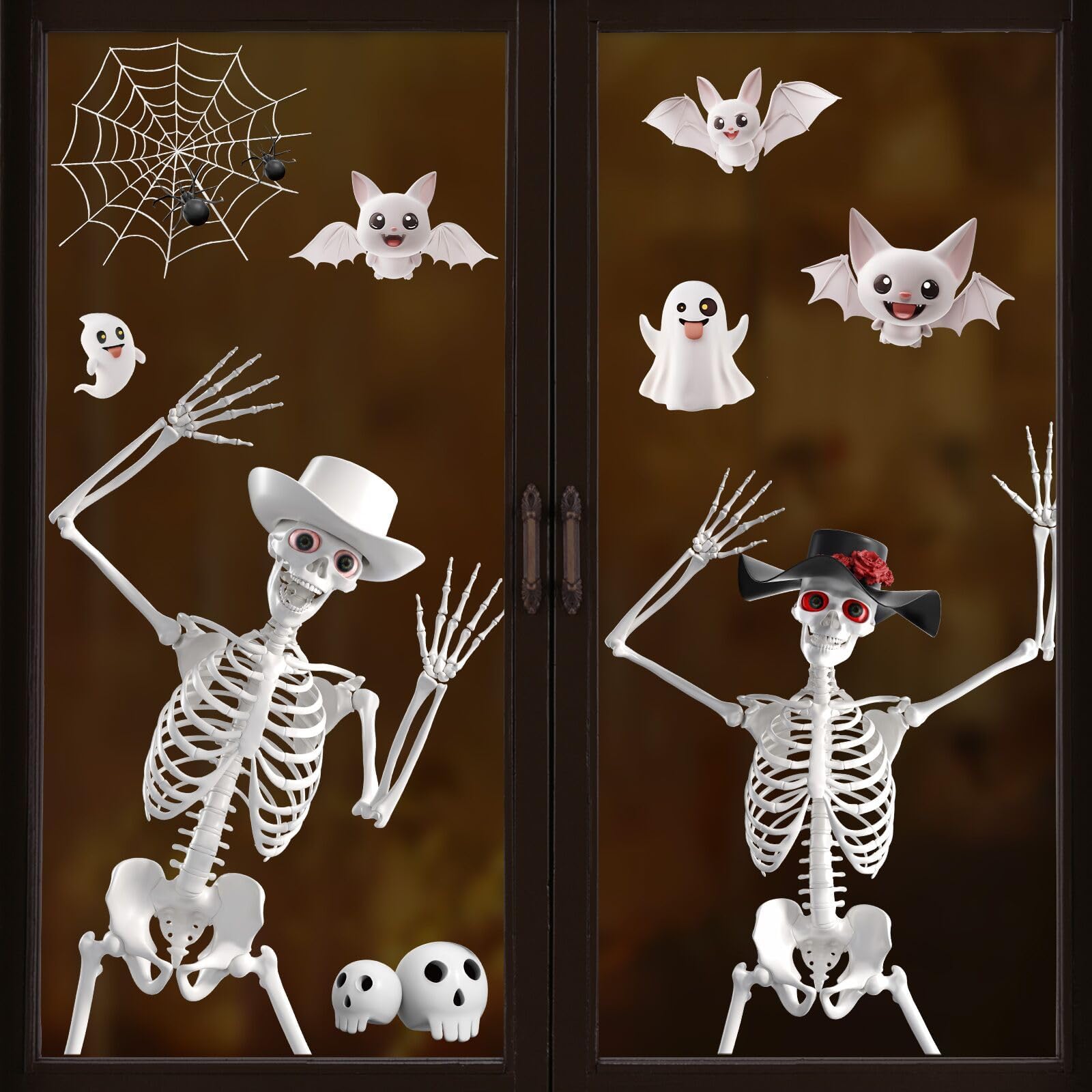 Halloween Window Stickers, Halloween Window Decorations, 36pcs Large Skeleton Bats Spiders Ghost Decals, Double Sided Reusable Windows Clings for Haunted House, Party, Scary Scene, 6 Sheet