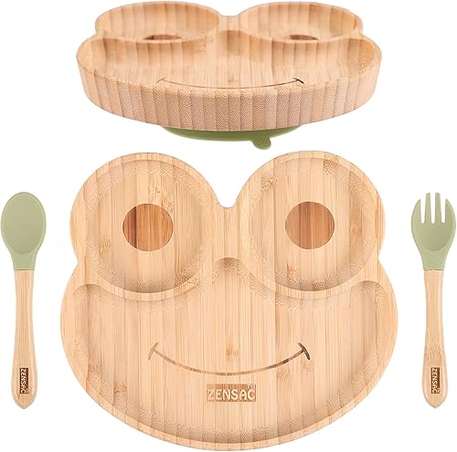 3 platos de bambú para bebé con cuchara y tenedor de silicona, plato de comida de succión para bebés, plato totalmente natural para bebés y niños