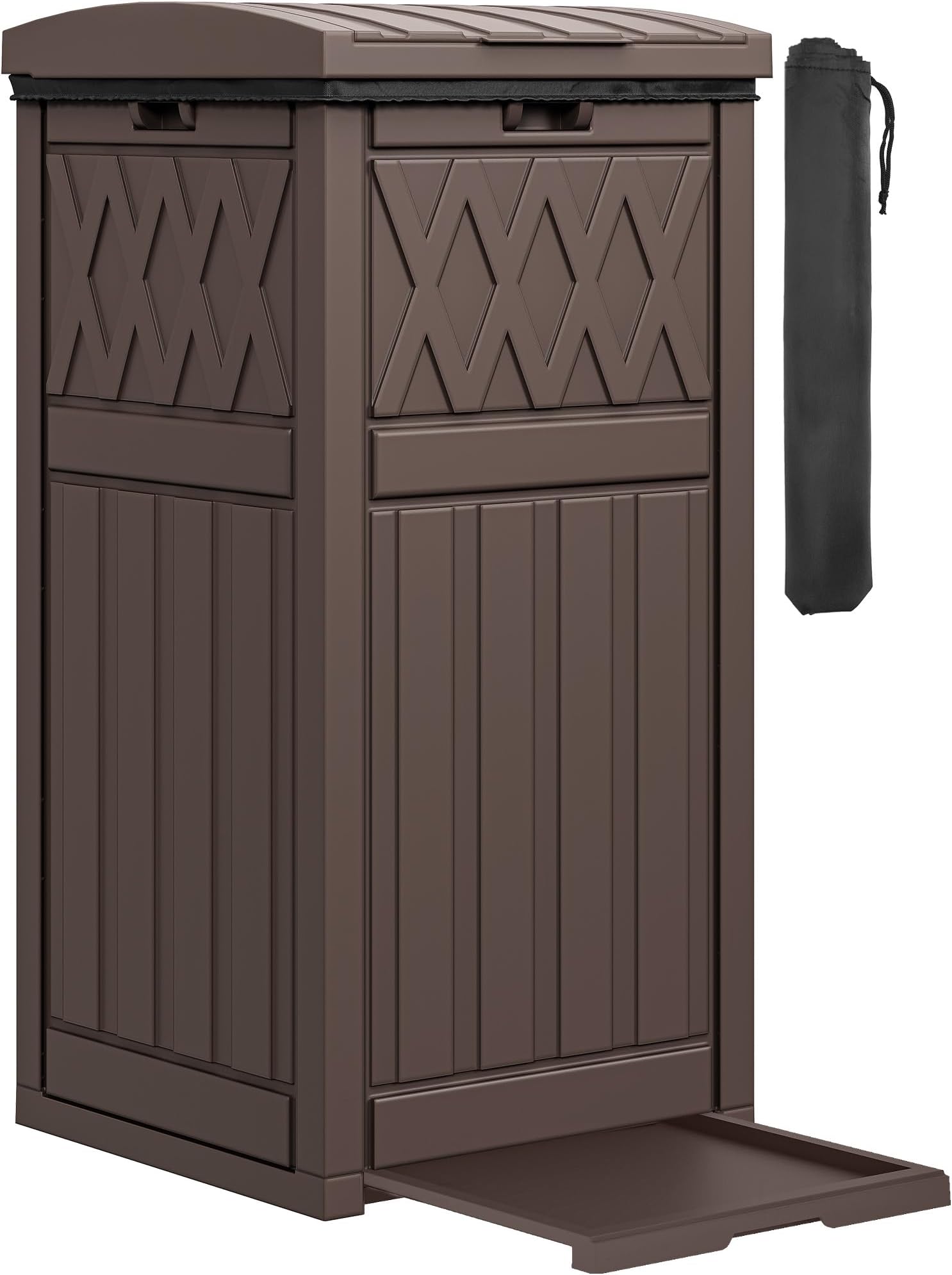 36-Gallon Outdoor Trash Can with Fabric Bag, Tiered Lid & Drip Tray, Waterproof Resin Garbage Bin for Patio, Deck, and Backyard, Dark Brown
