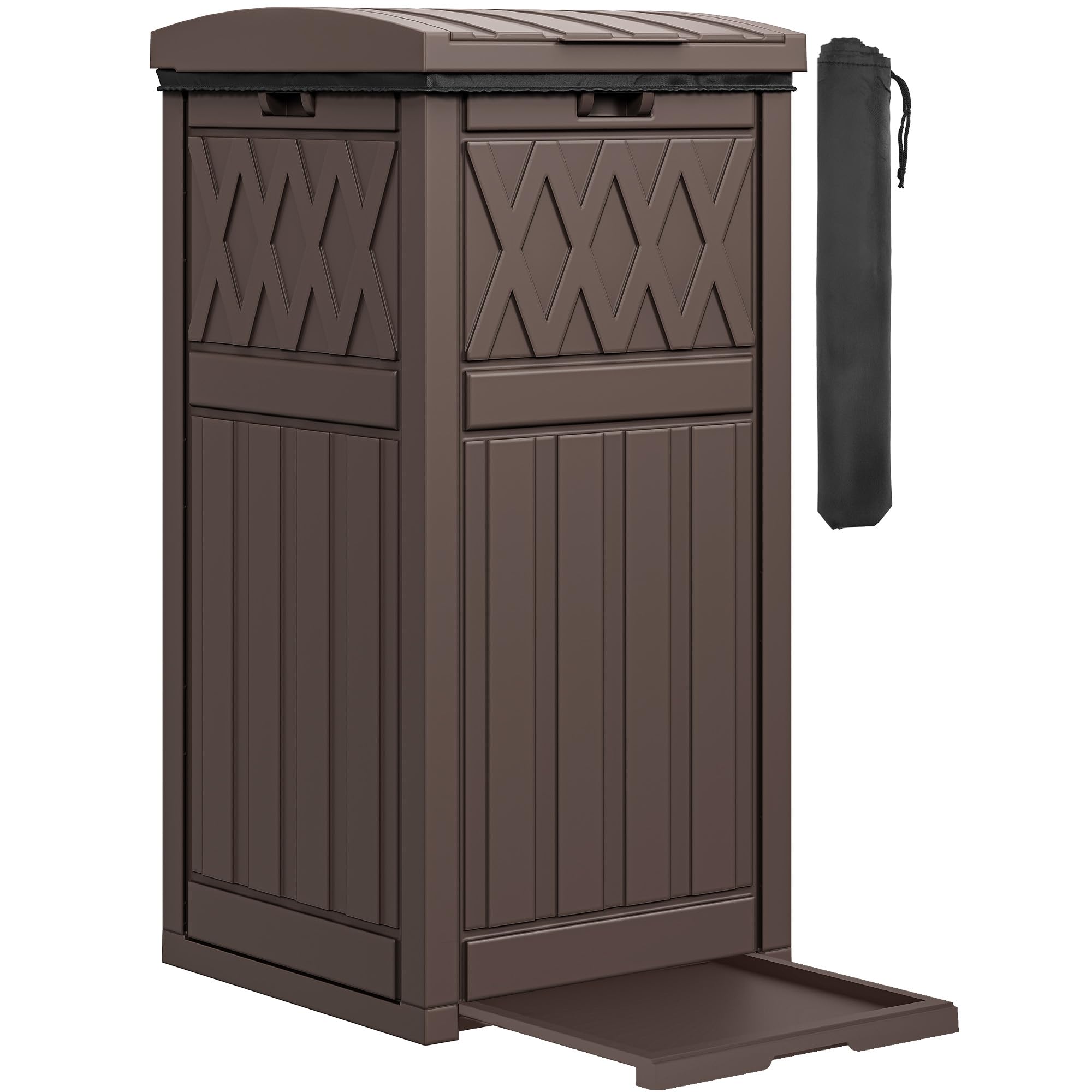 DWVO 36-Gallon Outdoor Trash Can with Fabric Bag, Tiered Lid & Drip Tray, Waterproof Resin Garbage Bin for Patio, Deck, and Backyard, Dark Brown