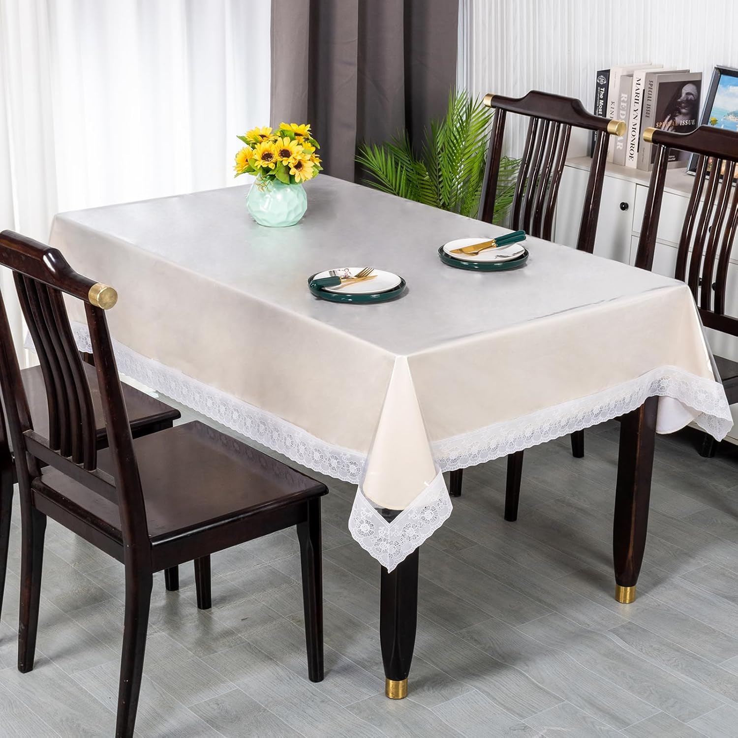 Lace Trim Tablecloth, Crystal Clear Vinyl, Waterproof Plastic Table Cover with Decorative White Border for Dining Tables (60x90in)