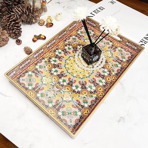 Miniatura 14 de Bandeja decorativa bohemia, moderna bandeja azul para servir con asas, juego de 2 bandejas otomanas, bandeja de plástico para mesa auxiliar