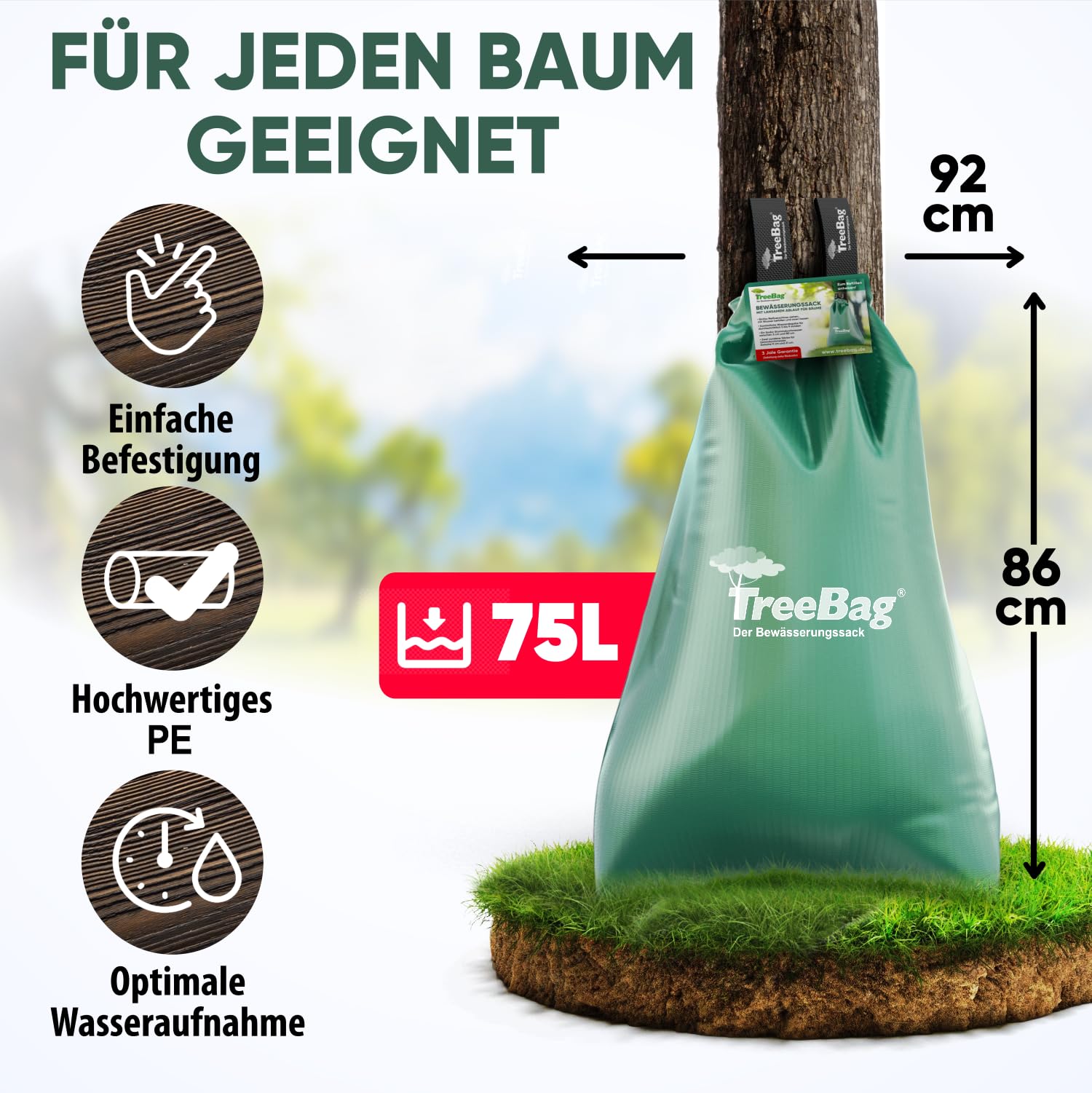 Wassersack für Bäume 2 x 75L – UV-stabiler Baumbewässerungssack aus PE – Effektiver Bewässerungssack Baum für Garten & Stadtgrün