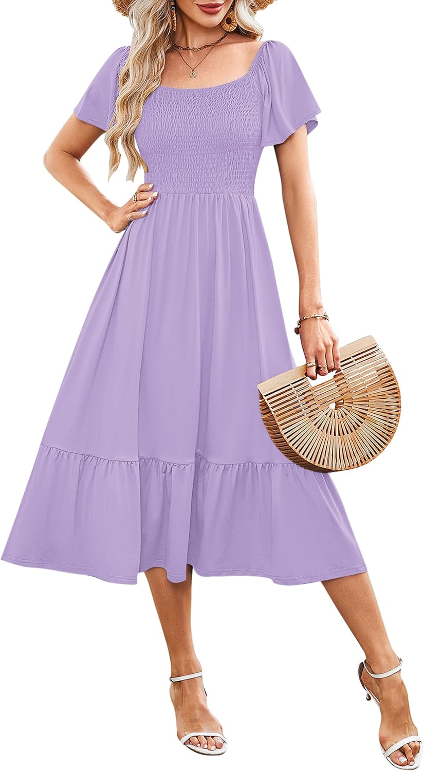 AUSELILY Women's Summer Empire Waist Dress Smocked Flutter Short Sleeve Square Neck Midi Dresses 2025 New