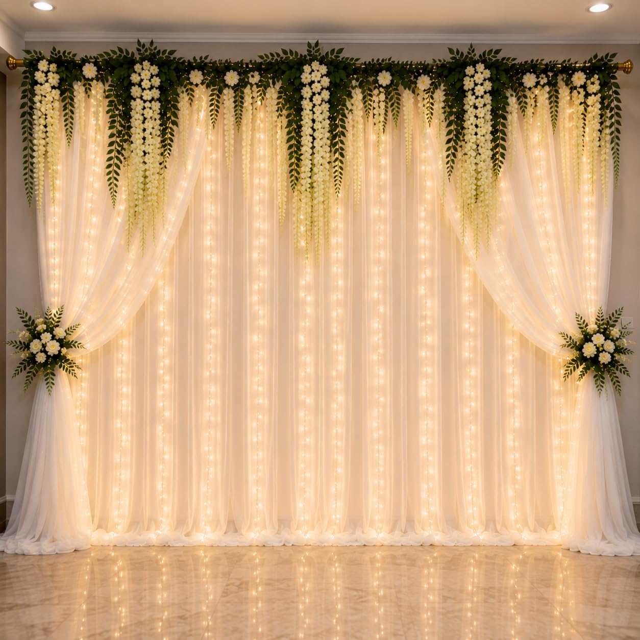 Party Clap White Backdrop Decoration Kit with LED Curtain Lights, White Wisteria Flowers & Net Curtains for Birthday, Anniversary, Engagement, Wedding, Baby Shower & Ganpati Decoration.