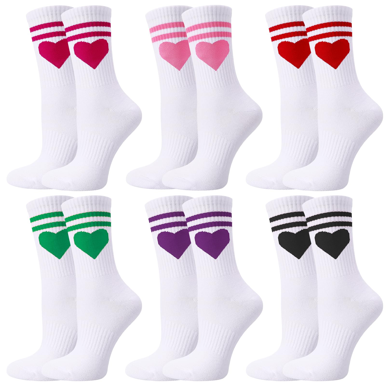 Utensilsto 6 Paar Herz Tennissocken für Damen Sportsocken Damen 39-42 Weiß Socken mit Streifen Herz Crew Socks Laufsocken Tennis Sport Socken mit Streifen Arbeitssocken