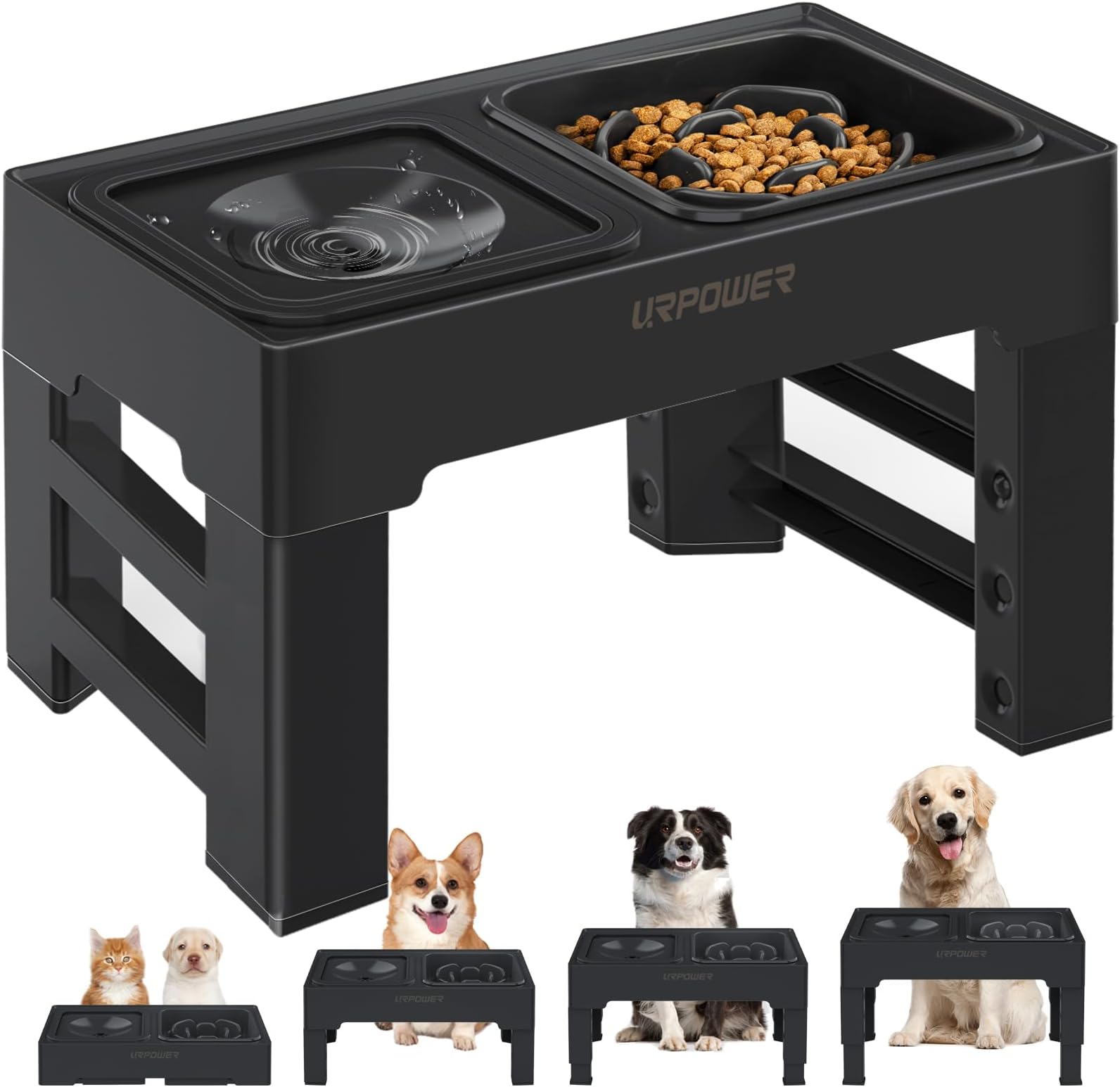2-in-1 Elevated Slow Feeder Dog Bowls with No-Spill Water Bowl, 4 Height-Adjustable Raised Dog Bowls, Non-Slip Food and Water Bowls with Stand for Small, Medium, Large Dogs, Cats and Pets