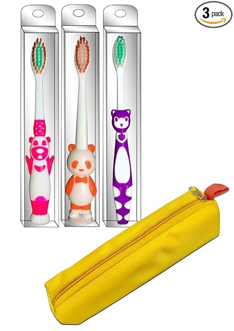 BigBro Kids?Baby Boy Girl Children Toothbrush?Extra Soft Bristles with Toothbrush Cover Cartoon Shape Age 2+ SUPER SAVER PACK of 3 plus 1 Free Pencil Pouch