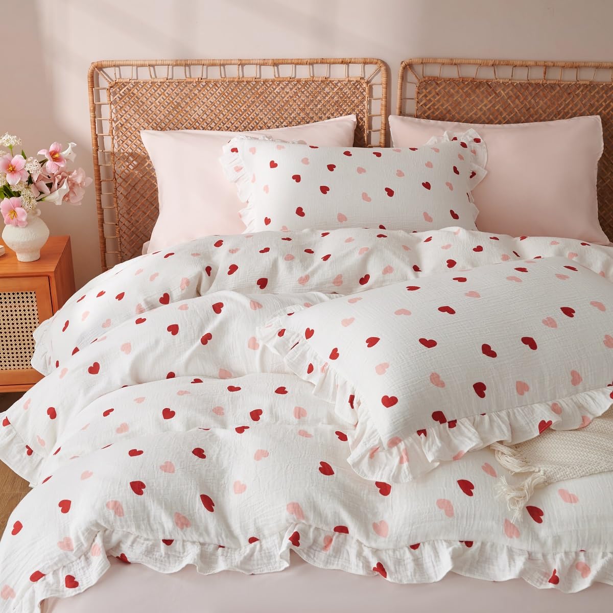 Sedefen Musselin Bettwäsche 135x200 Baumwolle Rot Rosa Herzen Bettwäsche mit Rüschen ÖKO-TEX Bettwäsche Musselin mit Reißverschluss, Bettbezug mit 1 Kissenbezüge 80x80 cm
