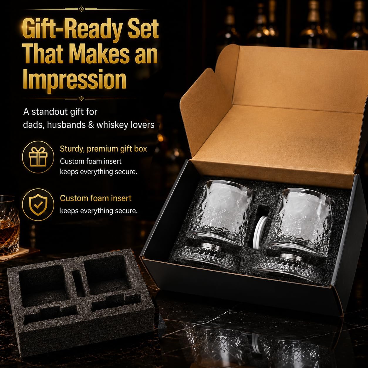 360° Spinning Whiskey Glasses Set with Gift Box,with 2 Ice Molds & Gift Box