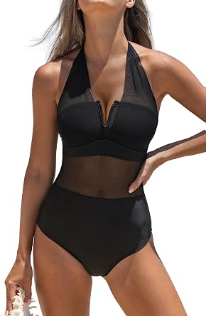 Beachsissi Womens Sexy Mesh One Piece Swimsuits Mesh Patchwork Halter Neck One Piece