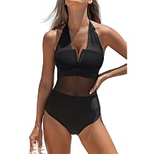 Beachsissi Womens Sexy Mesh One Piece Swimsuits Mesh Patchwork Halter Neck One Piece