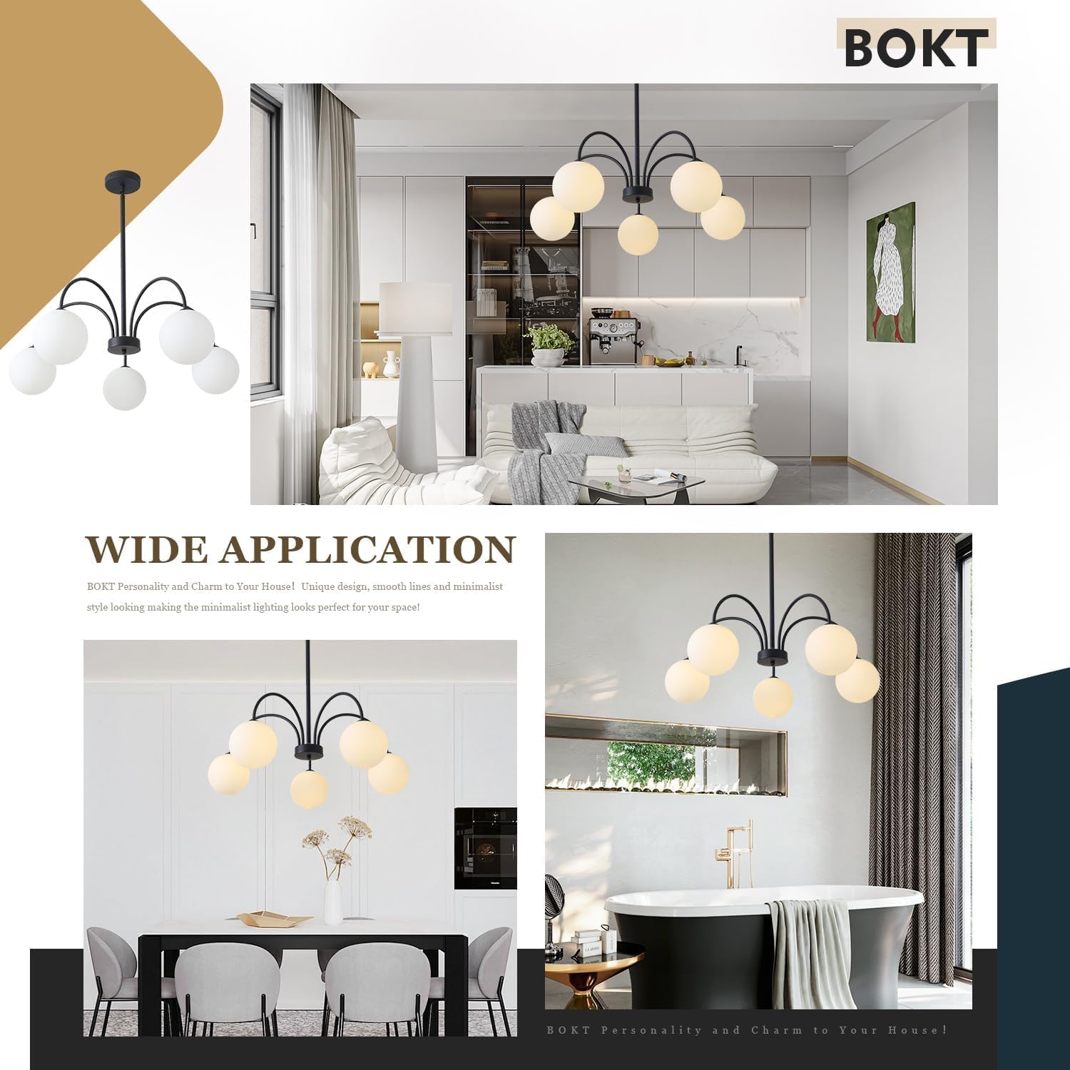 BOKT 5 Light Mid Century Modern Milk Glass Chandelier Black Sputnik Pendant Lights Kitchen Island Large White Globe Dining Room Lighting Vintage Ball Light Fixture