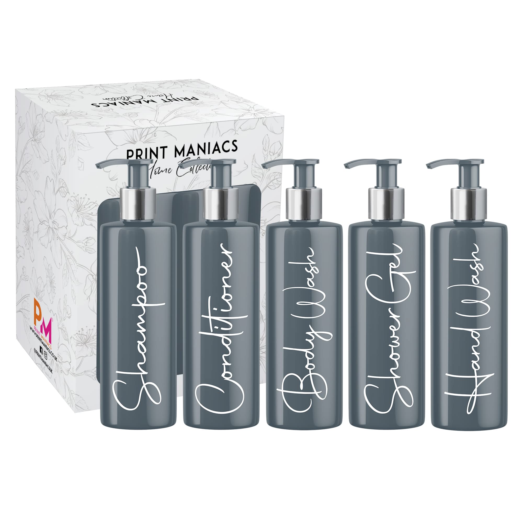 Print Maniacs Grey Mrs Hinch Inspired Personalised 500ml Pump Bottles Bathroom Lotion Kitchen Set Shampoo Conditioner Body Wash F2 (White, Set of 5)