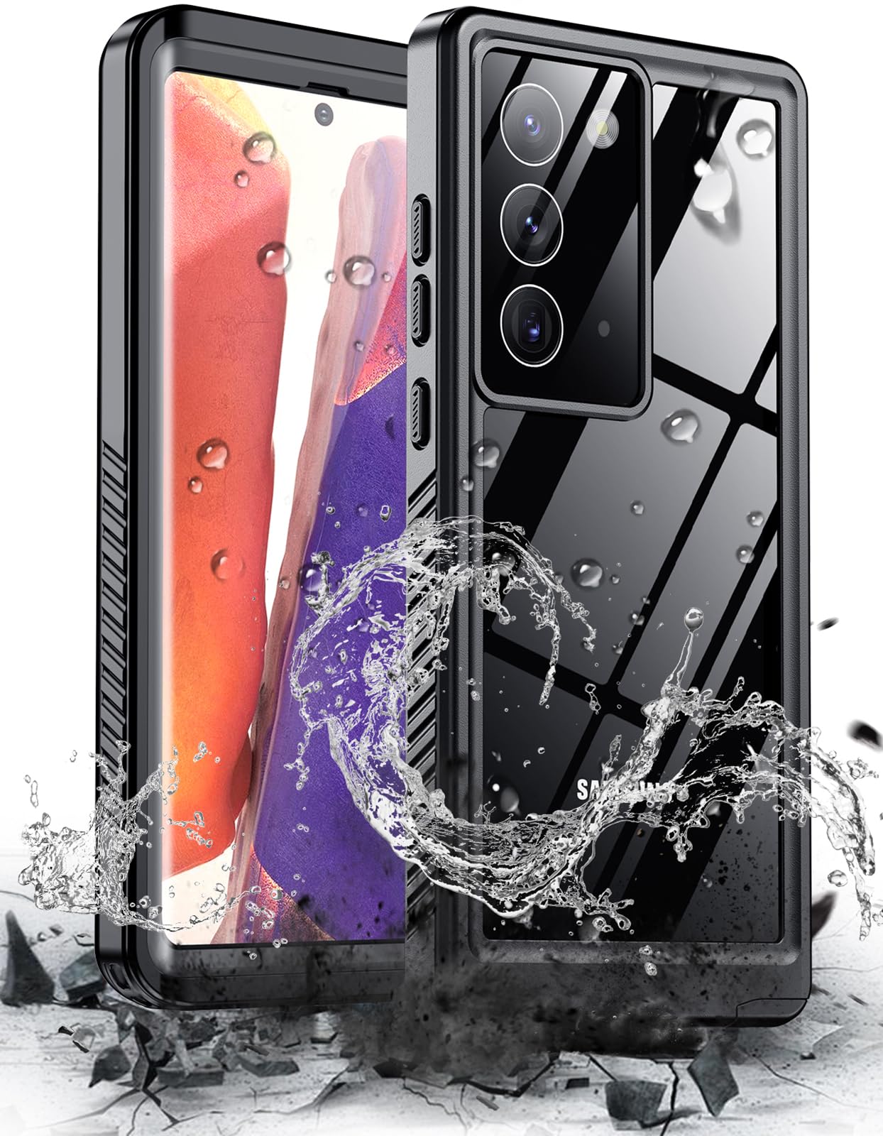 Hualele Handyhülle Schutzhülle für Samsung Galaxy Note 20, wasserdicht, integriertes Objektiv und Displayschutzfolie, robust, Militärqualität, IP68, Unterwasserschutzhülle, Schwarz